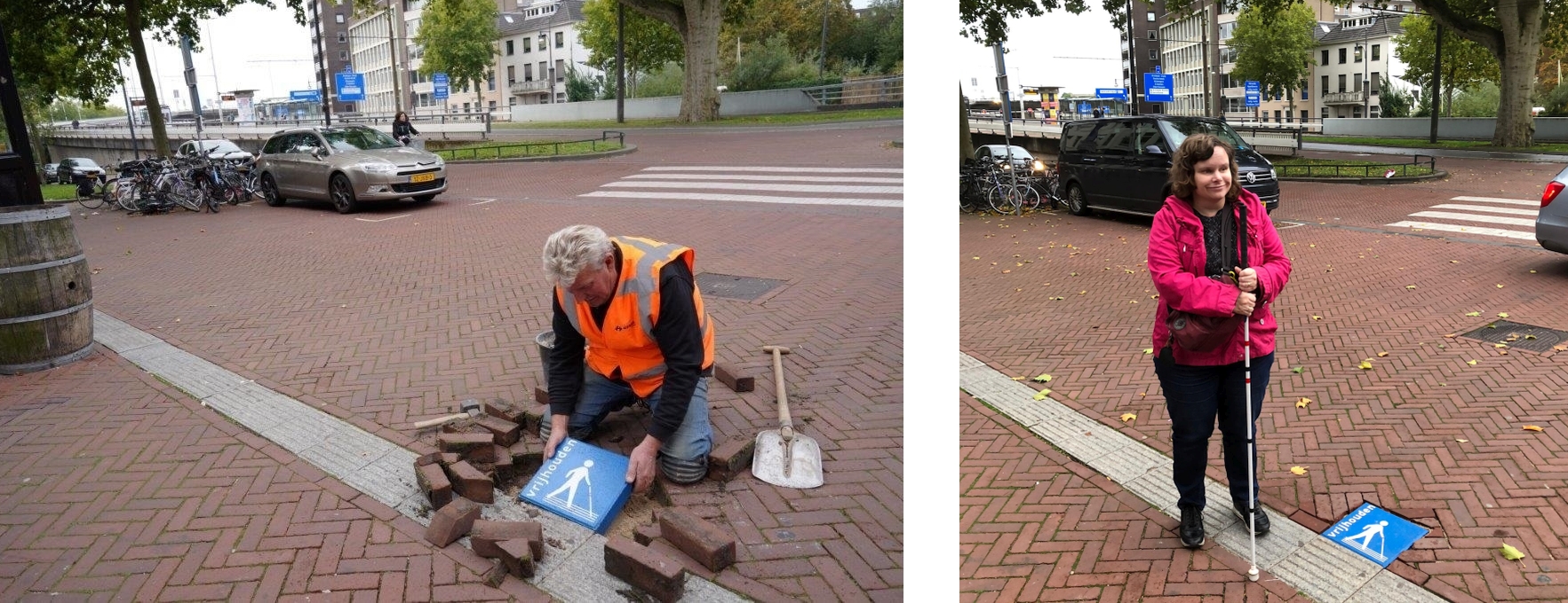 man bij geleidelijn legt tegel waarop staat vrijhouden en marjolein bij de tegel